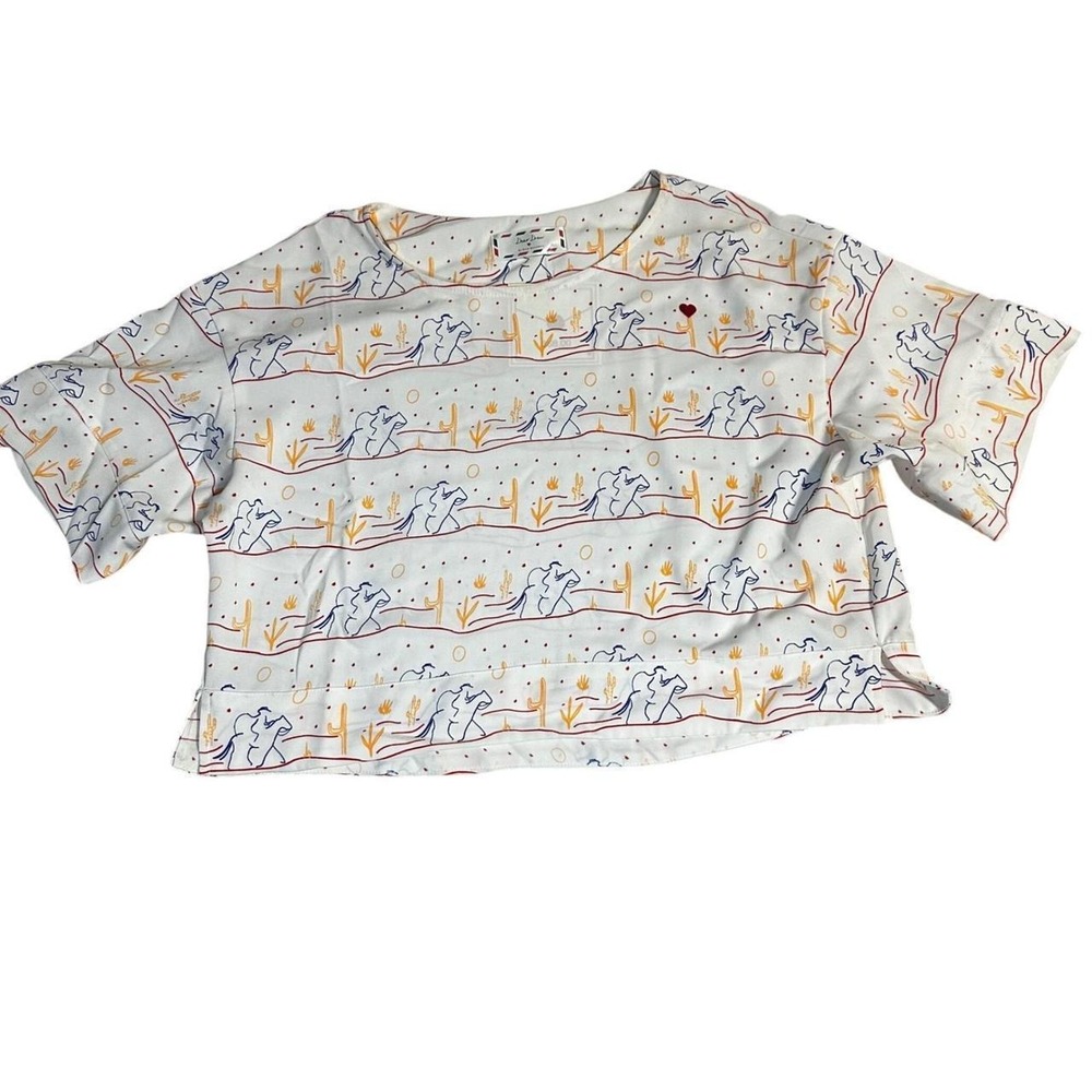 Dear Drew By Drew Barrymore Western Cowboy Cactus Print Cropped Shirt Women's M
